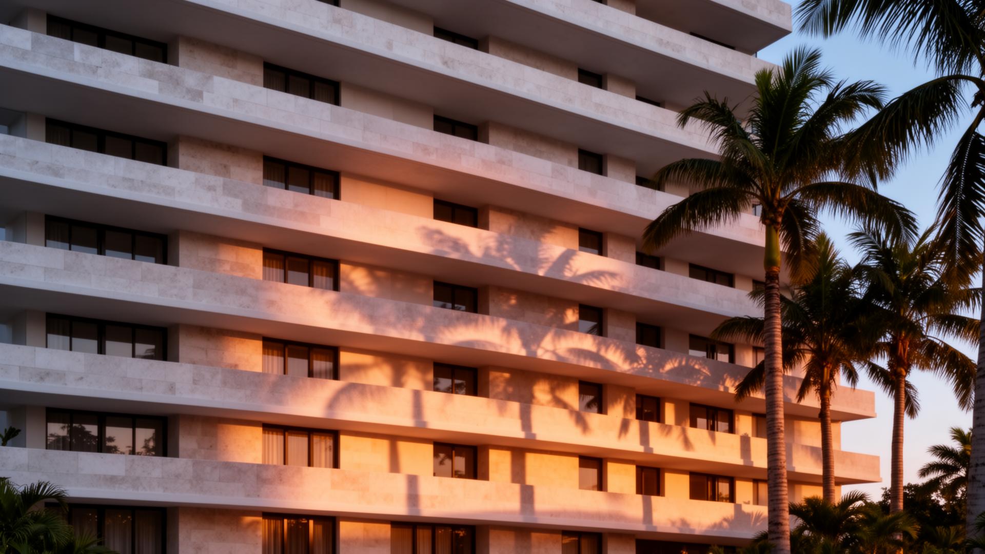 Multifamily facade study with palm shadows